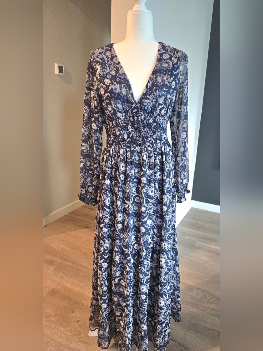 Floral Smocked Waist Navy Maxi Dress